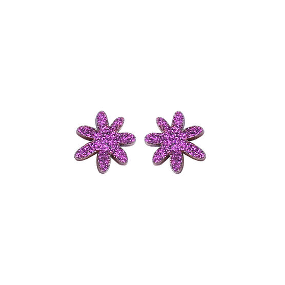 Aubergine purple glitter flower stud earrings